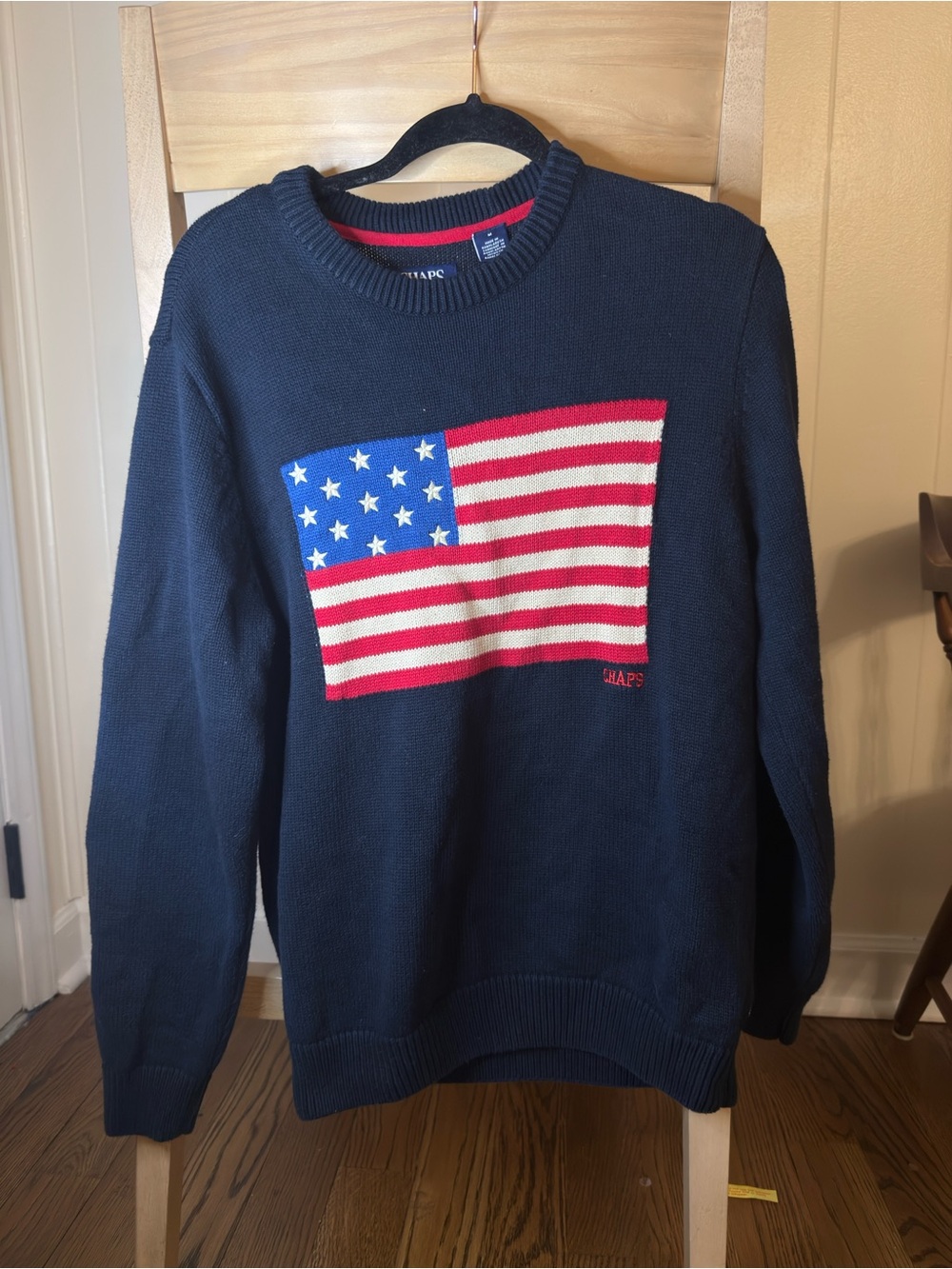 Chaps Men's Navy Crewneck Sweater with Red, White & Blue Flag